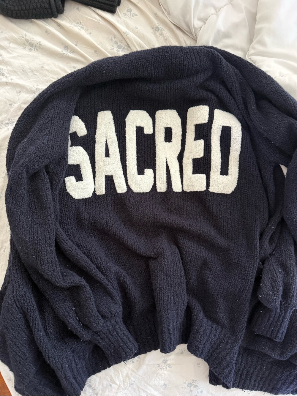 Spiritual Gangster Navy Blue Cardigan Sweater with White "SACRED" Text